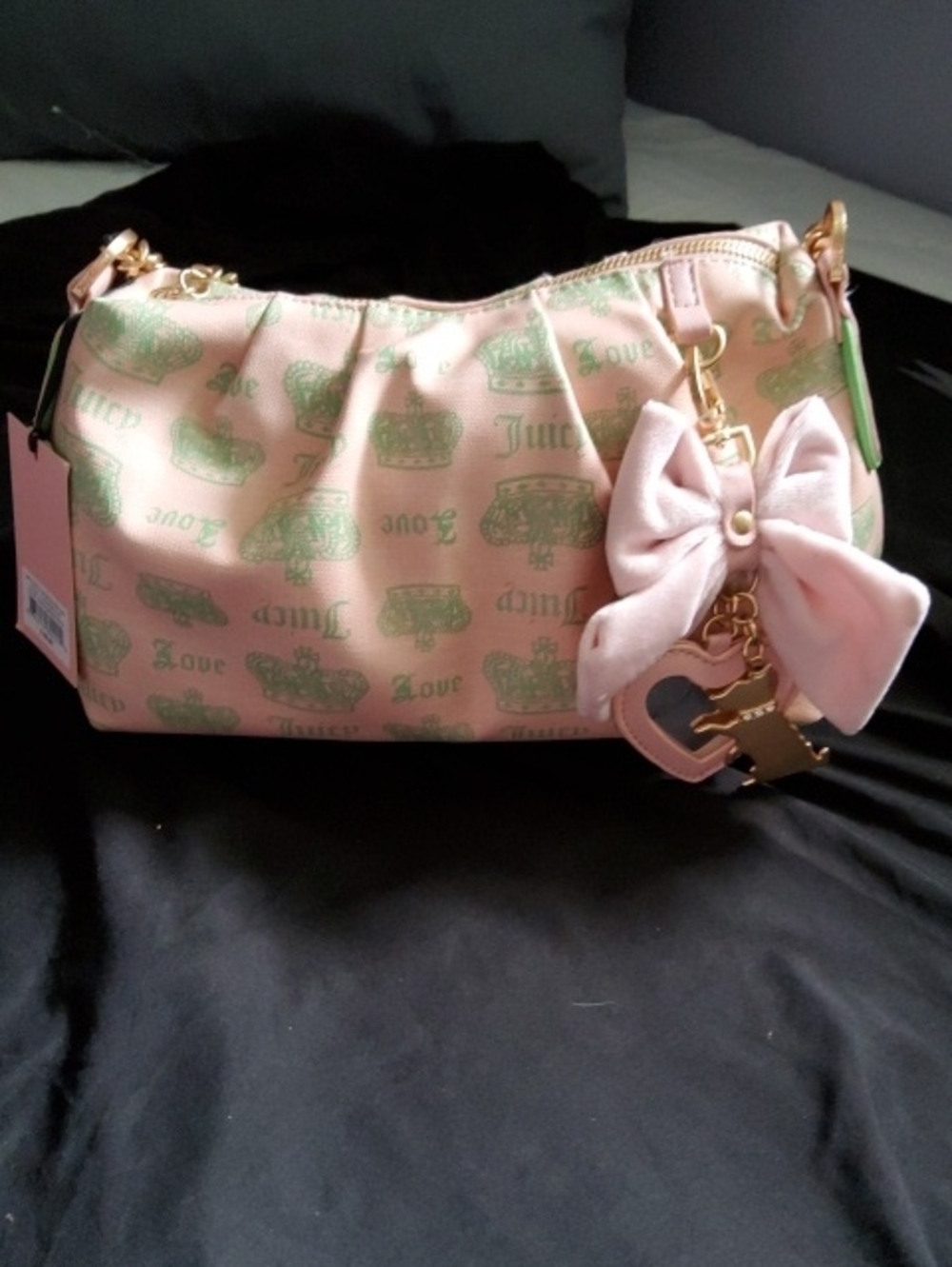 NEW Juicy Couture Pink Bag with Green Print and Bow Charm